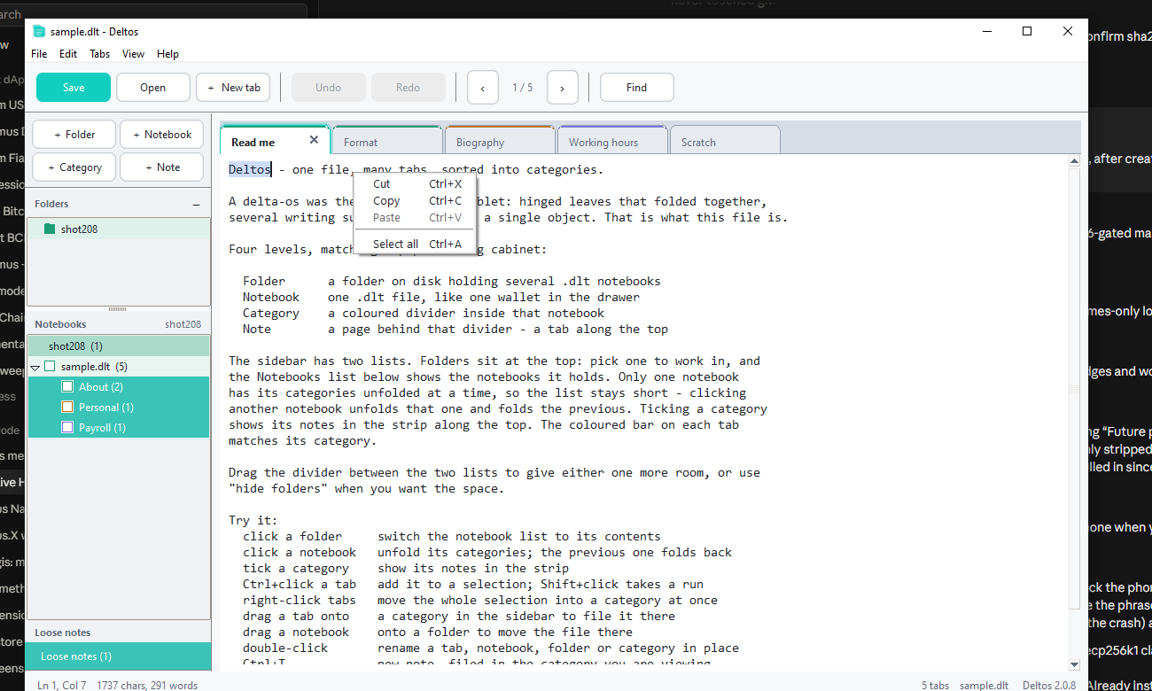 Deltos with a notebook of tabs open, categories in the sidebar.